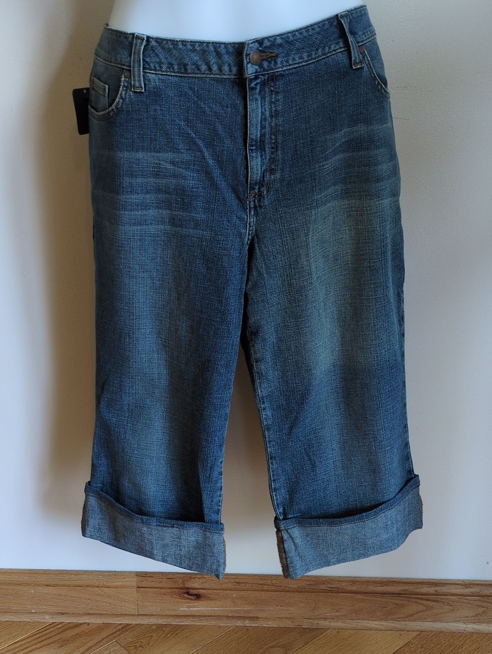 Women’s Cropped Boot Cut Jeans in Faded Blue Denim Subtle Fading Accents